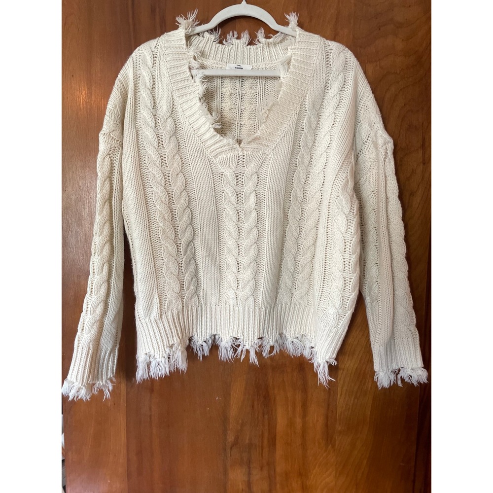 entro Cream Cable Knit V Neck Distressed Fringe‎ Sweater S Boho Casual